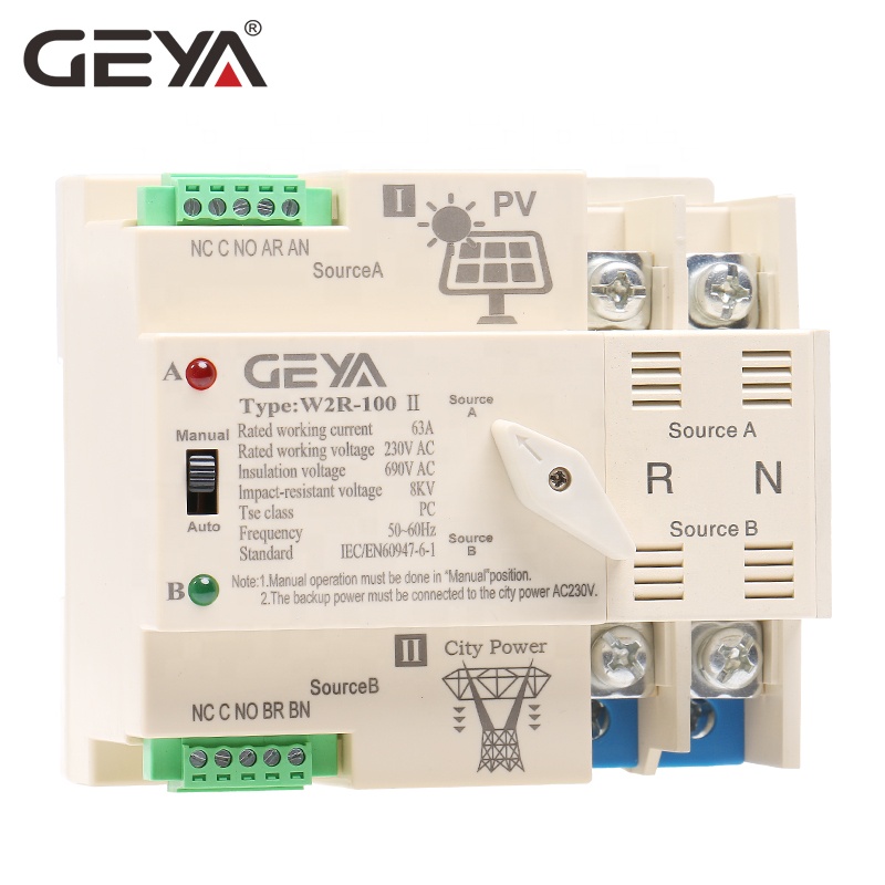 NEW GEYA Photovoltaic Solar Power Dual Solar Automatic Power Transfer Din Rail 2P 63A AC220V ATS PV System Power Use Only