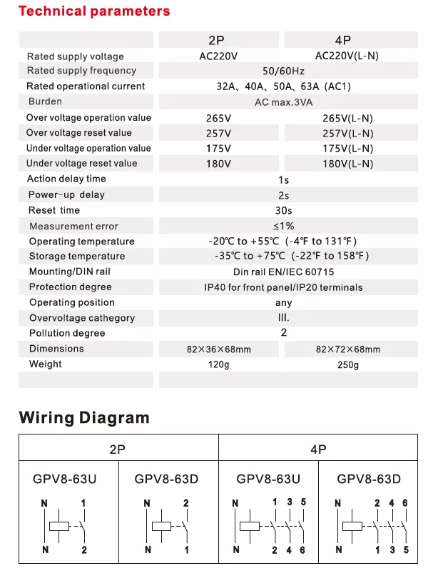 GEYA New Design GPV8 Auto Voltage Protector Din Rail 2P 4P 32A 40A 50A 63A Voltage Sensitive Relay