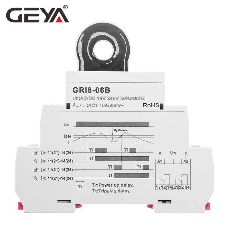 2021 NEW GEYA GRI8-06 DC Current Sensor Relay 18mm Width 2CO 8A AC/DC Current Testing Relay 24V-240V Wide Range