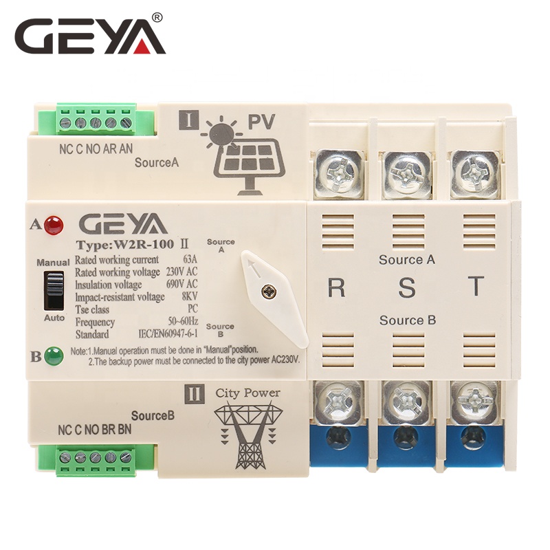 GEYA Din Rail Solar Automatic Power Transfer Switch for Solar Power 3P 63A AC220V MINI ATS PV System to City Power