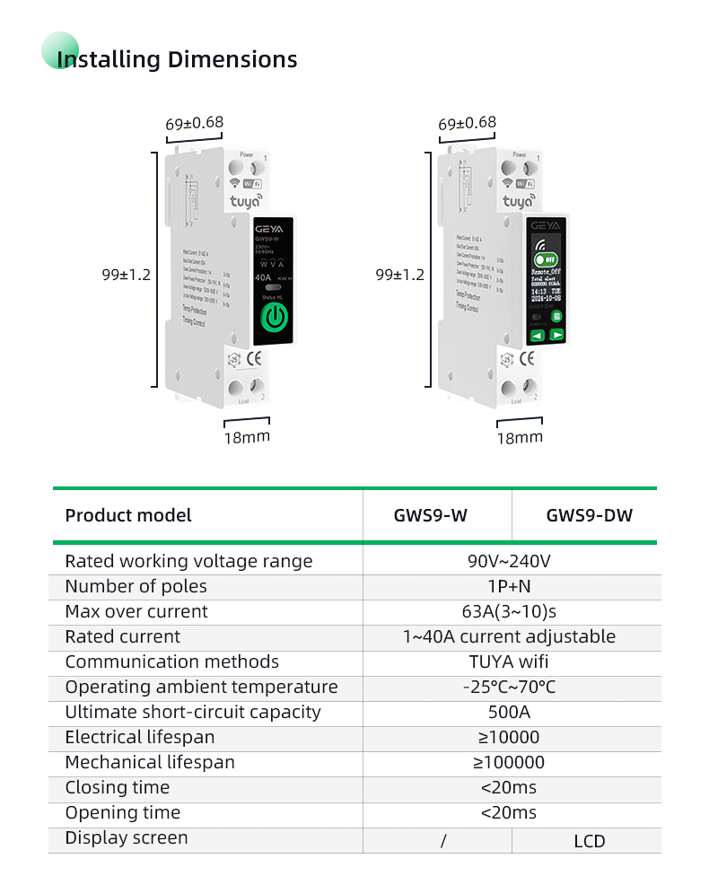 GEYA GWS9-DW Tuya Mcb Wifi Smart Circuit Breaker with Metering Mcb 1p n 63a Din Rail Circuit Breaker Mini Smart Switch