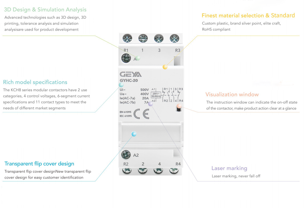 GEYA  Household AC Modular Contactors Din Rail Type 4P 3NO1NC 63A 220V 50/60HZ