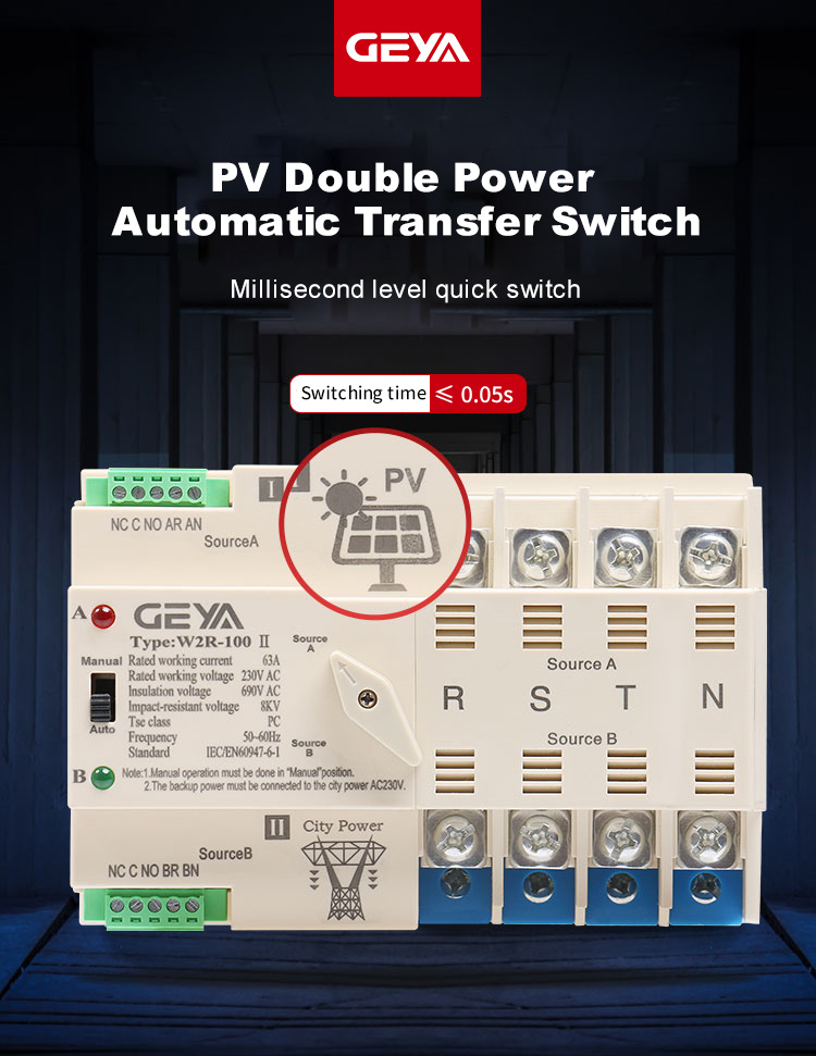 NEW GEYA On-Grid Solar Power Automatic 200a Solar Transfer Switch Din Rail 2P 3P 4P 63A AC220V ATS PV System Power to City Power