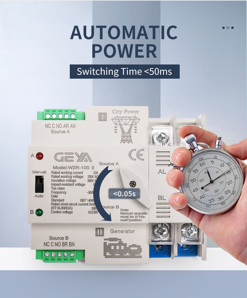 GEYA W2R-100 Din Rail Power Transfer Switch OEMS ATS Switch ATS 2P 3P 4P 100A AC 220V 4P 63A ATS PC Transfer Switch