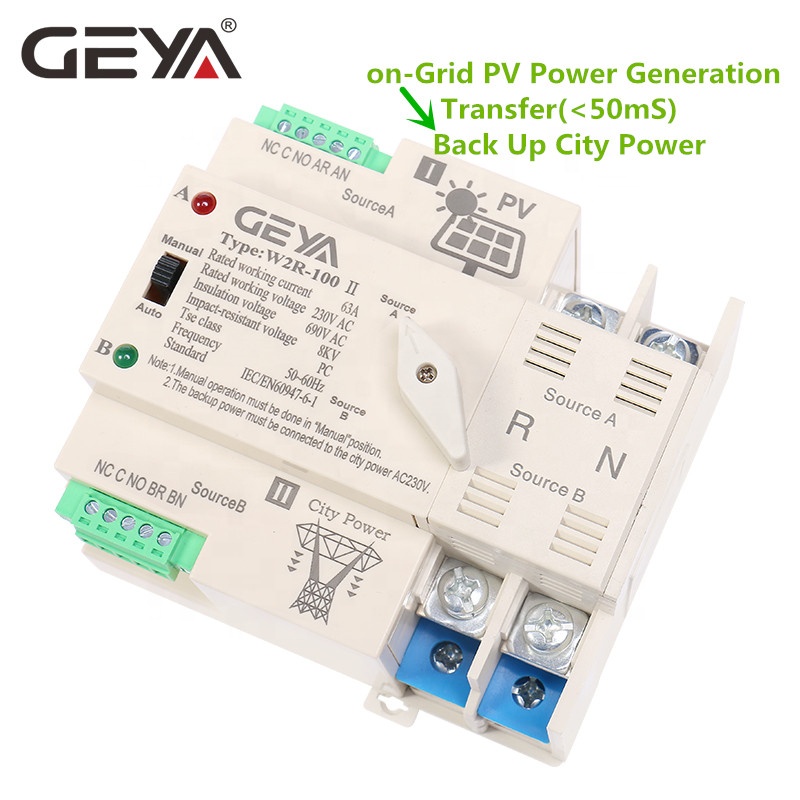 NEW GEYA Photovoltaic Solar Power Dual Solar Automatic Power Transfer Din Rail 2P 63A AC220V ATS PV System Power Use Only