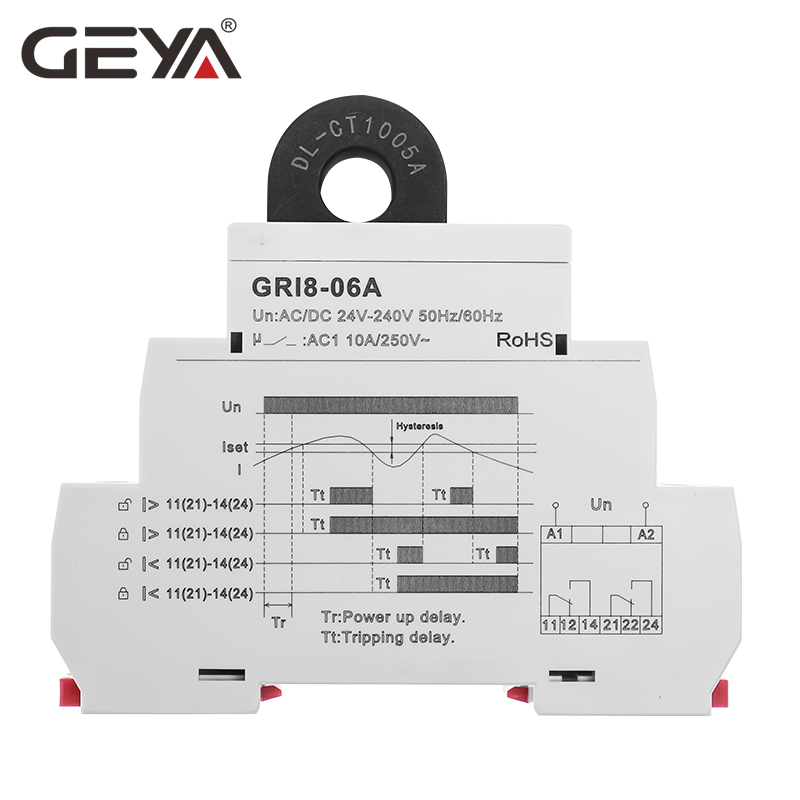 2021 NEW GEYA GRI8-06 DC Current Sensor Relay 18mm Width 2CO 8A AC/DC Current Testing Relay 24V-240V Wide Range