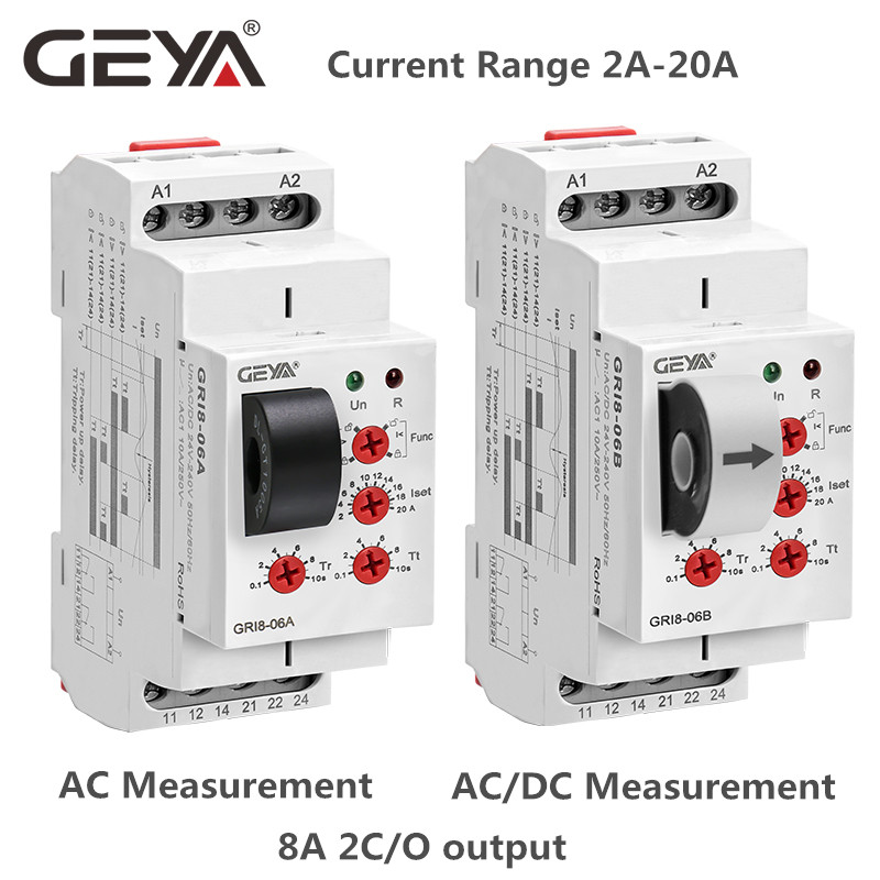 2021 NEW GEYA GRI8-06 DC Current Sensor Relay 18mm Width 2CO 8A AC/DC Current Testing Relay 24V-240V Wide Range