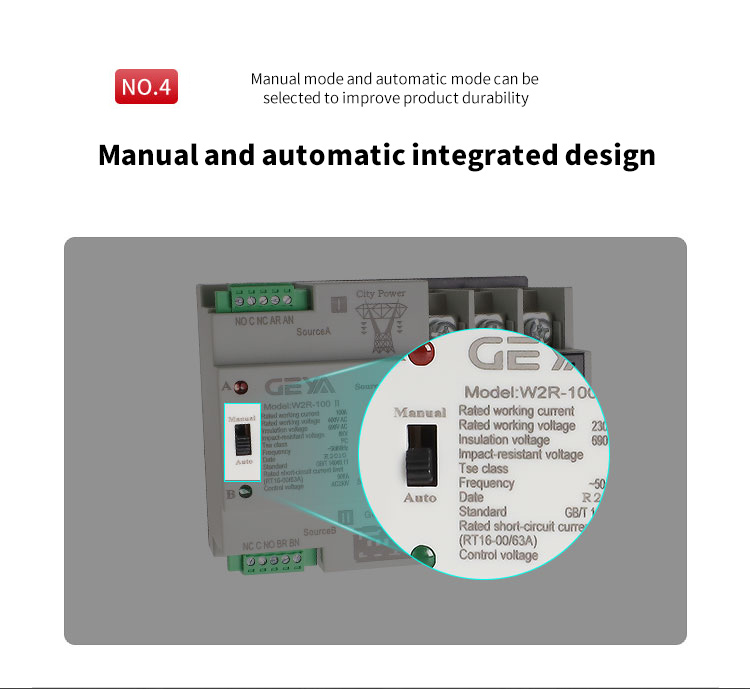 GEYA W2R Mini ATS 2P Automatic Transfer Switch Electrical Selector Switches Dual Power Switch Din Rail Type ATS 63A 100A