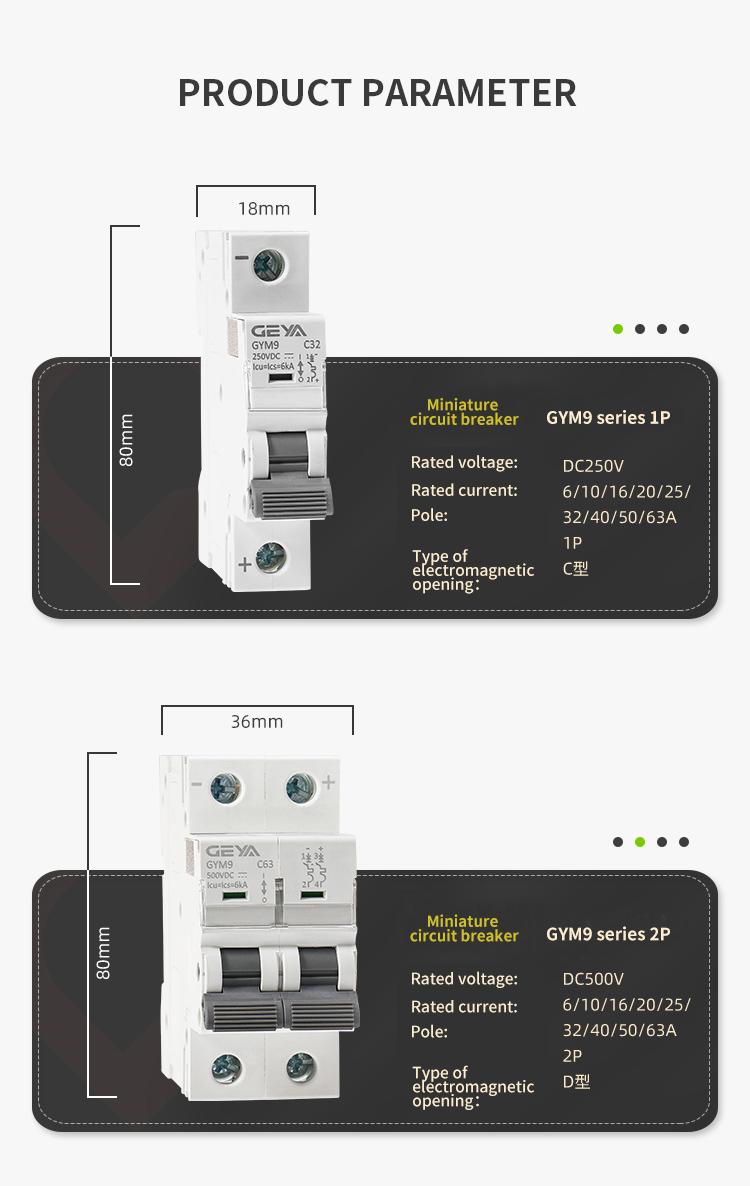 GEYA NEW GYM9 DC MCB 63A 250V 6kA Single Phase Miniature Circuit Breaker MCB for Solar PV System Breaker Circuit