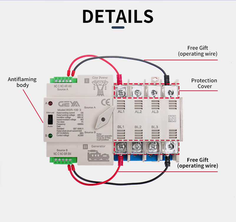 GEYA W2R-100 Din Rail Power Transfer Switch OEMS ATS Switch ATS 2P 3P 4P 100A AC 220V 4P 63A ATS PC Transfer Switch