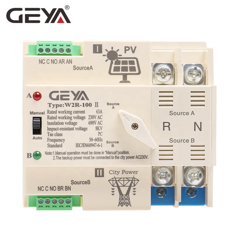 GEYA Photovoltaic Solar Dual Power Ac Dc Automatic Transfer Switch Price Din Rail 2P 63A AC220V ATS PV System Power Use Only