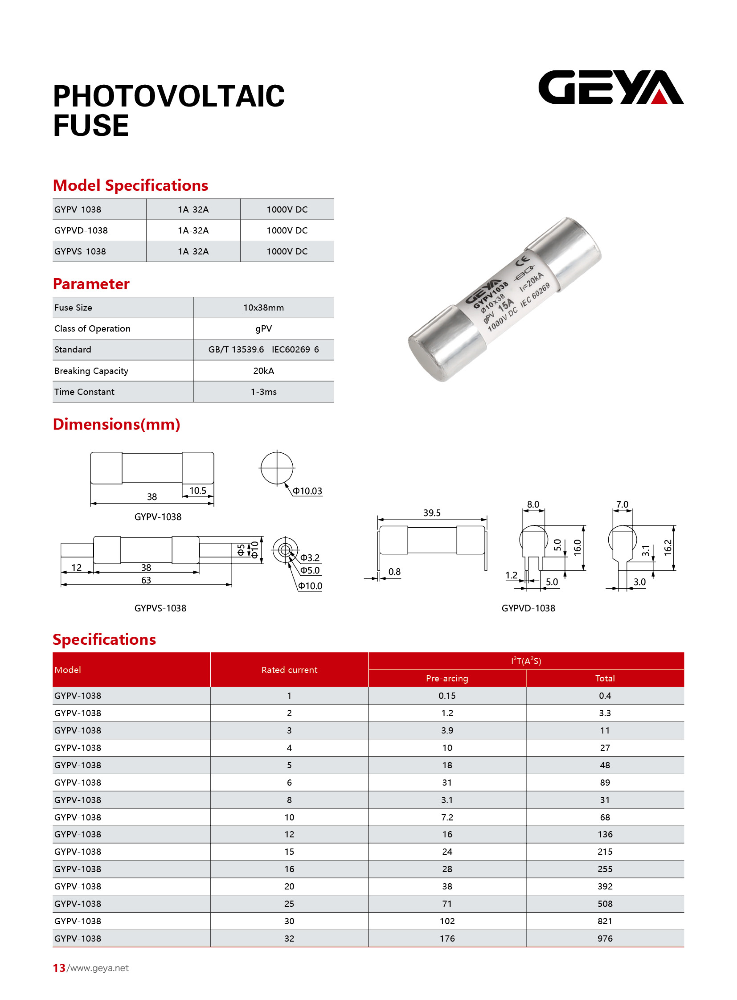 GEYA GYPV-1085 Fuse 1-32A 10x38 1000v Dc Solar System Pv Fuse Holder Dc 1000V 1500V