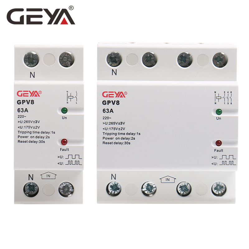 GEYA New Design GPV8 Auto Voltage Protector Din Rail 2P 4P 32A 40A 50A 63A Voltage Sensitive Relay
