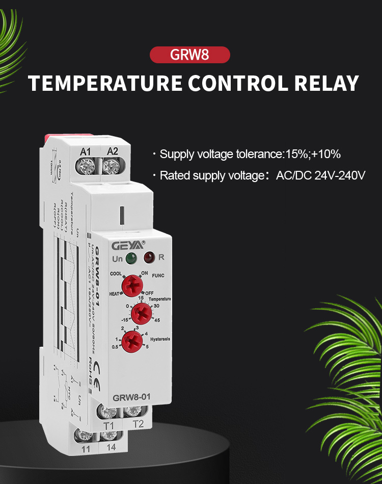 GEYA NEW GRW8-01 Din Rail Temperature Control Relay AC DC 24V-240V Wide Range Voltage with Waterproof Sensor