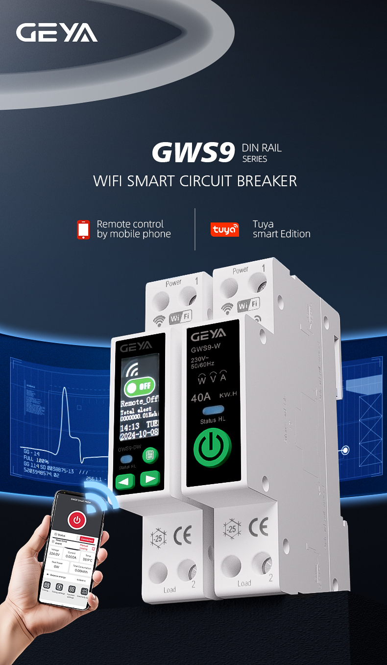 GEYA GWS9-DW Tuya Mcb Wifi Smart Circuit Breaker with Metering Mcb 1p n 63a Din Rail Circuit Breaker Mini Smart Switch