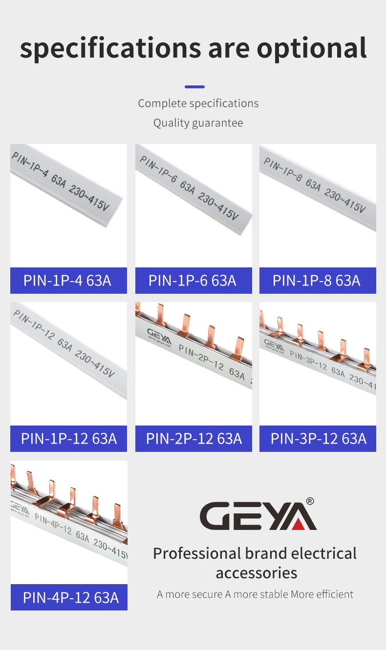 GEYA Pin 1P-12 63A Wholesale China Inverter Factory 1p 63A Earth Electric Copper Bus Bar Busbar Price Fork U Type Bus Bar