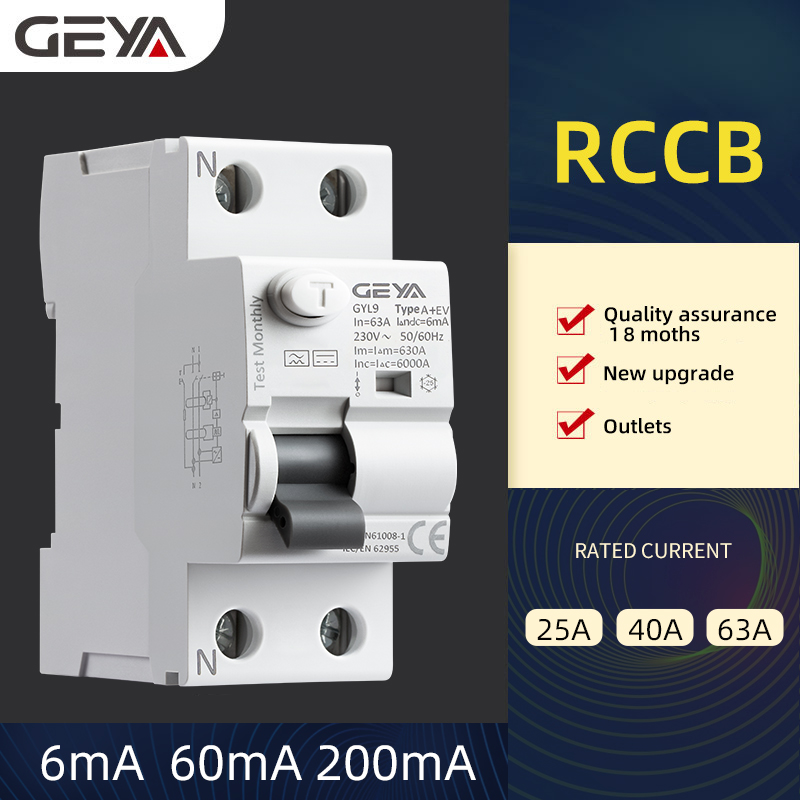 GEYA NEW GYL9 2P 30mA A+EV  32-40A AC DC RCCB for EV Charger 100amp Elcb Price 30ma 40a