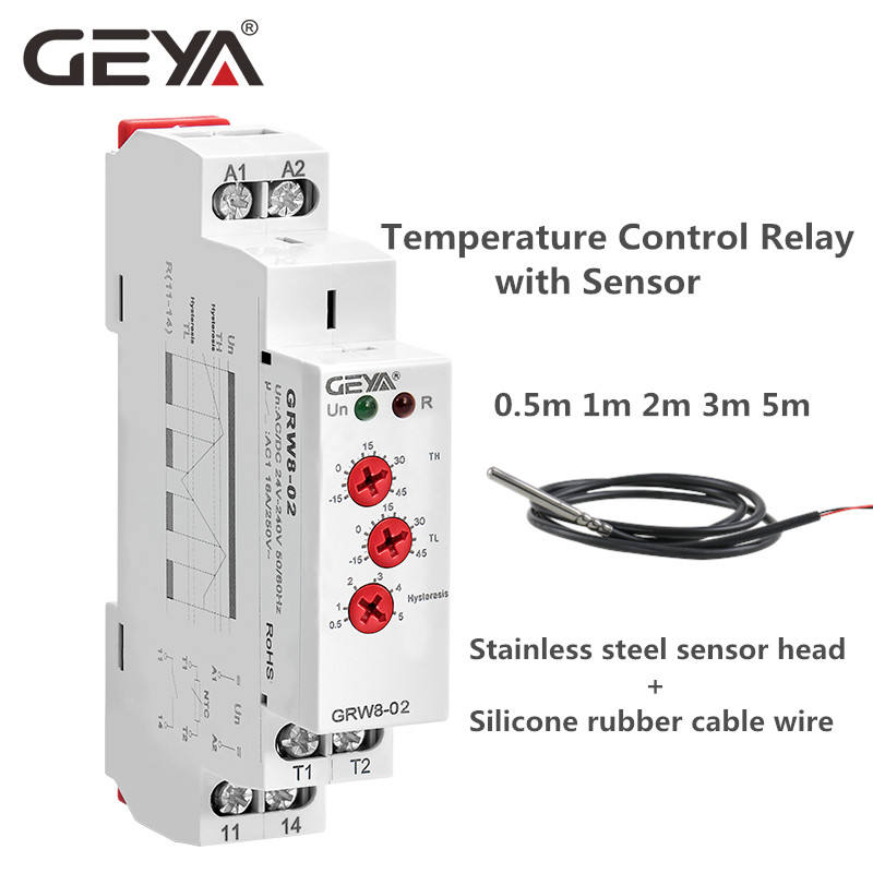 GEYA GRW8-02 Temperature Monitoring Relay16A AC/DC24V-240V Wide Range Voltage with NTC Waterproof Sensor