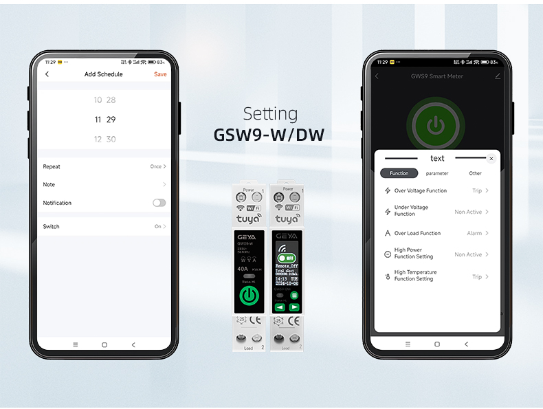 GEYA GWS9-DW Tuya Mcb Wifi Smart Circuit Breaker with Metering Mcb 1p n 63a Din Rail Circuit Breaker Mini Smart Switch
