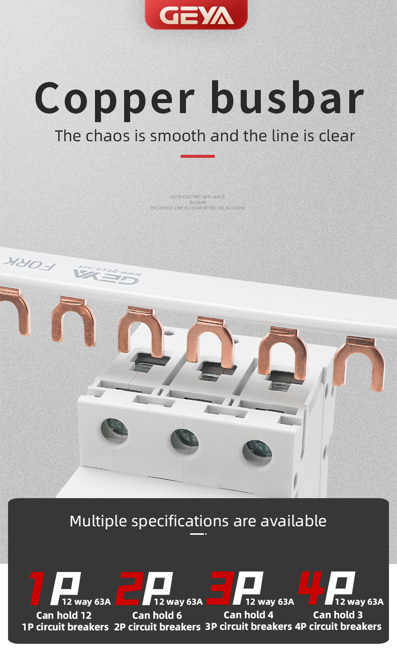 GEYA 1P 2P 3P 4P Pin 63A U Type Fork Type Mcb Electric Copper Busbar for Distribution Box Mounting