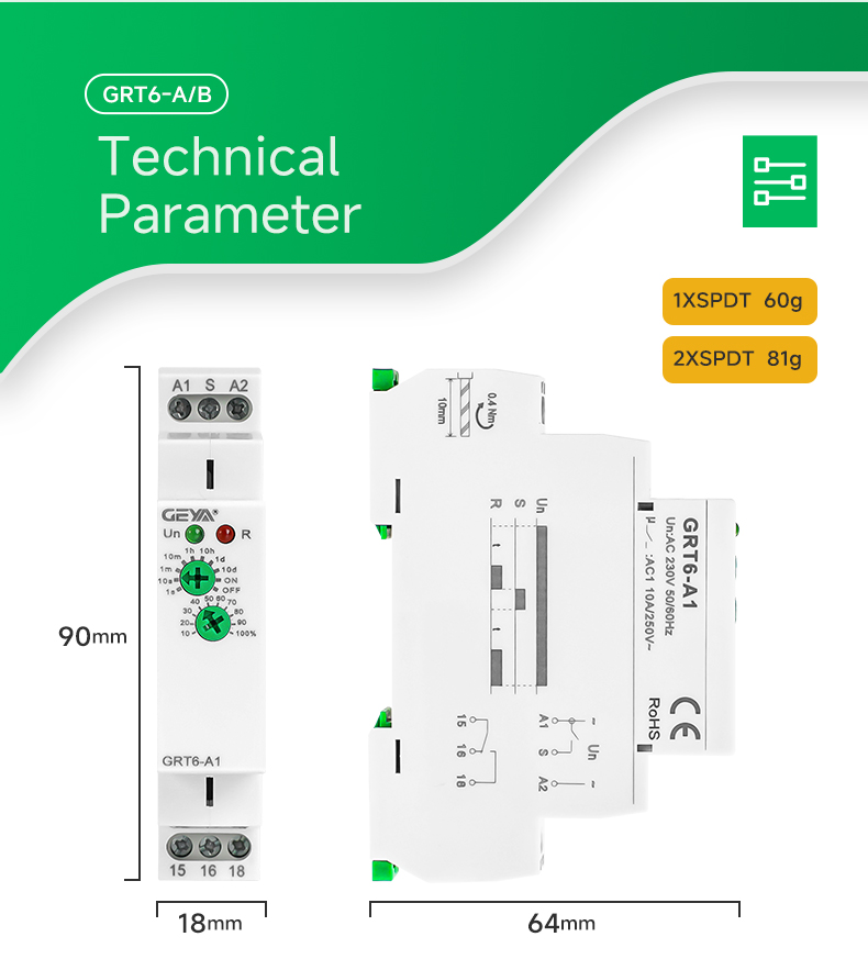 GEYA GRT6-A2 AC/DC24V~240V 10A Time Delay Relay 24 Volt Circuit 220v Industrial Automation and Control Time Delay Relay