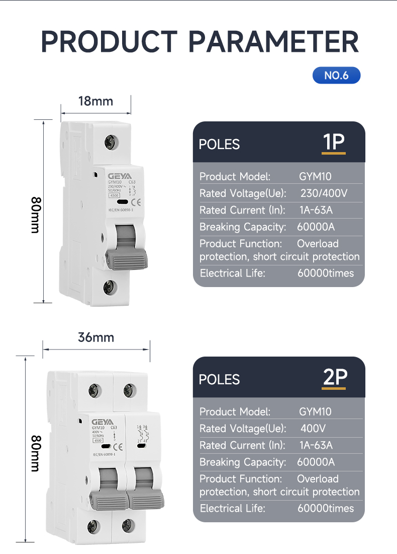 GEYA GYM10T-6kA-2P 60A 2 Pole Mini Circuit Breaker 63 a Ac Mcb Zhejiang Mccb 16a40a 63a 100a 63 Amp Miniature Circuit Breaker