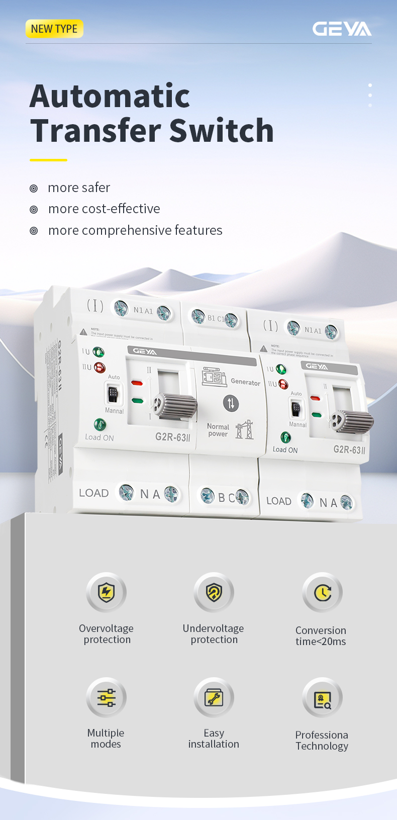 GEYA G2R 60amp Ats Ats Switch Automatic Transfer Ulats Switch Automatic Transfer SwitchingATS Switches 25a-250a for Distribution