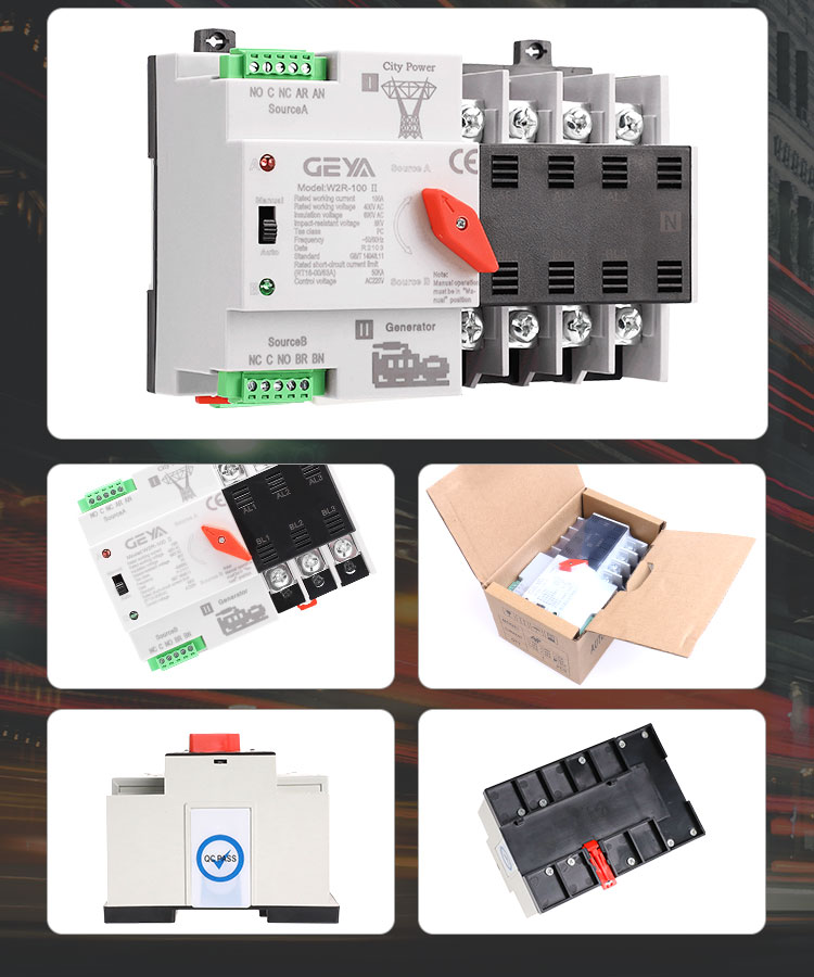 GEYA W2R Mini ATS 2P Automatic Transfer Switch Electrical Selector Switches Dual Power Switch Din Rail Type ATS 63A 100A