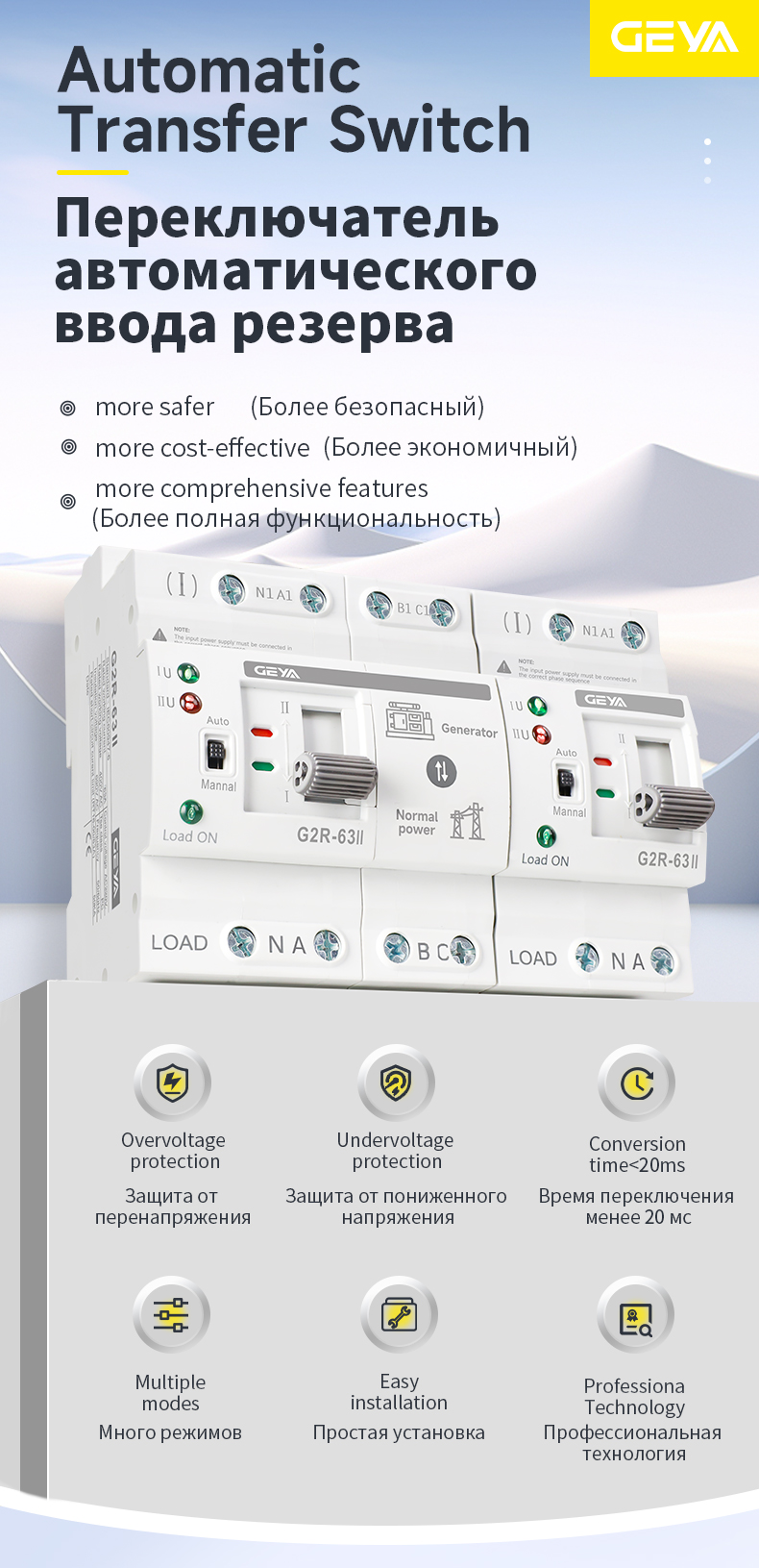 GEYA G2R 220V 16A 32A 40A 50A 63A Automatic Transfer Switching(ATS) Automatic Change Over Switch 2P 4P Generator ATS Controller