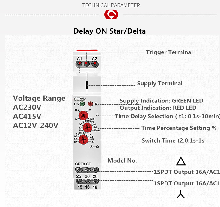 GEYA GRT8-ST SPDT Delay on Timer Star Delta Starter AC/DC 12-240V 16A Miniature PROTECTIVE Sealed Electric Time Relay