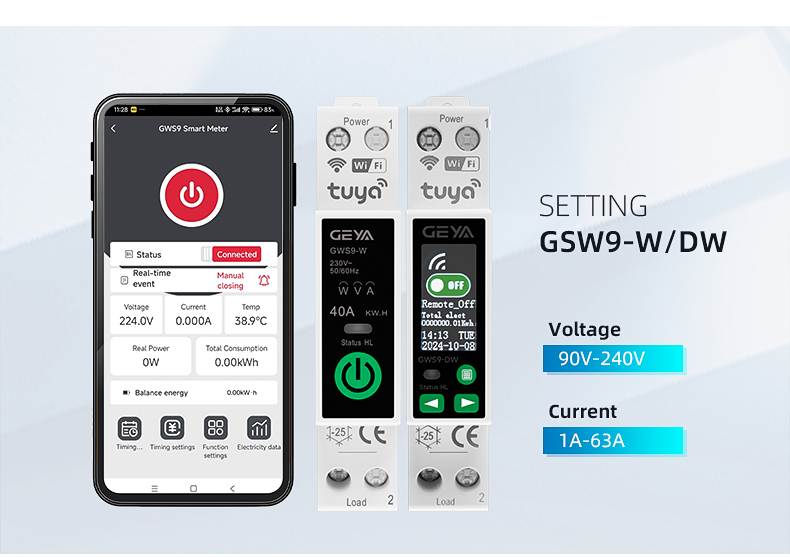 GEYA GWS9-DW Tuya Mcb Wifi Smart Circuit Breaker with Metering Mcb 1p n 63a Din Rail Circuit Breaker Mini Smart Switch