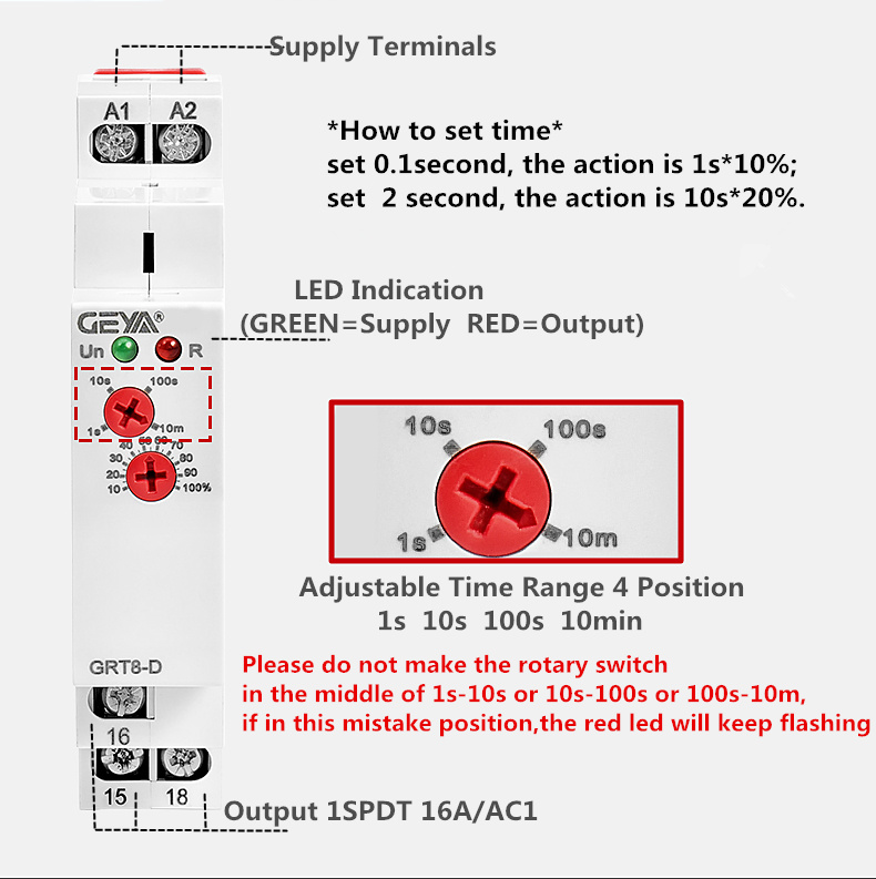 GEYA GRT8-D AC/DC 12-240V 16A Time Delay off Relay for Emergency Stuff Timer Control