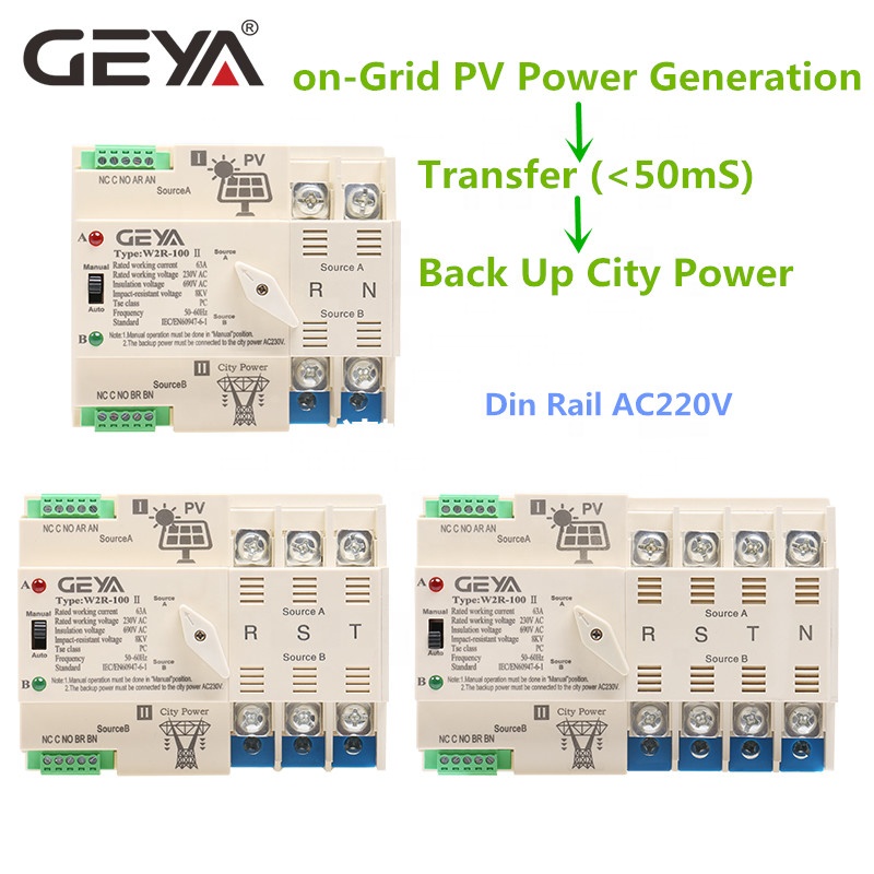 NEW GEYA Photovoltaic Solar Power Dual Solar Automatic Power Transfer Din Rail 2P 63A AC220V ATS PV System Power Use Only