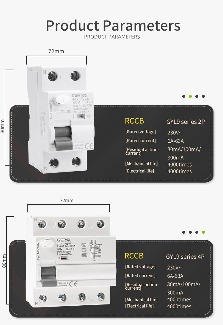 GEYA B Type RCCB Residual Current Circuit Breaker DC ELCB 2P 63 Amp 30mA Type B 10KA RCD for EV CHARGER
