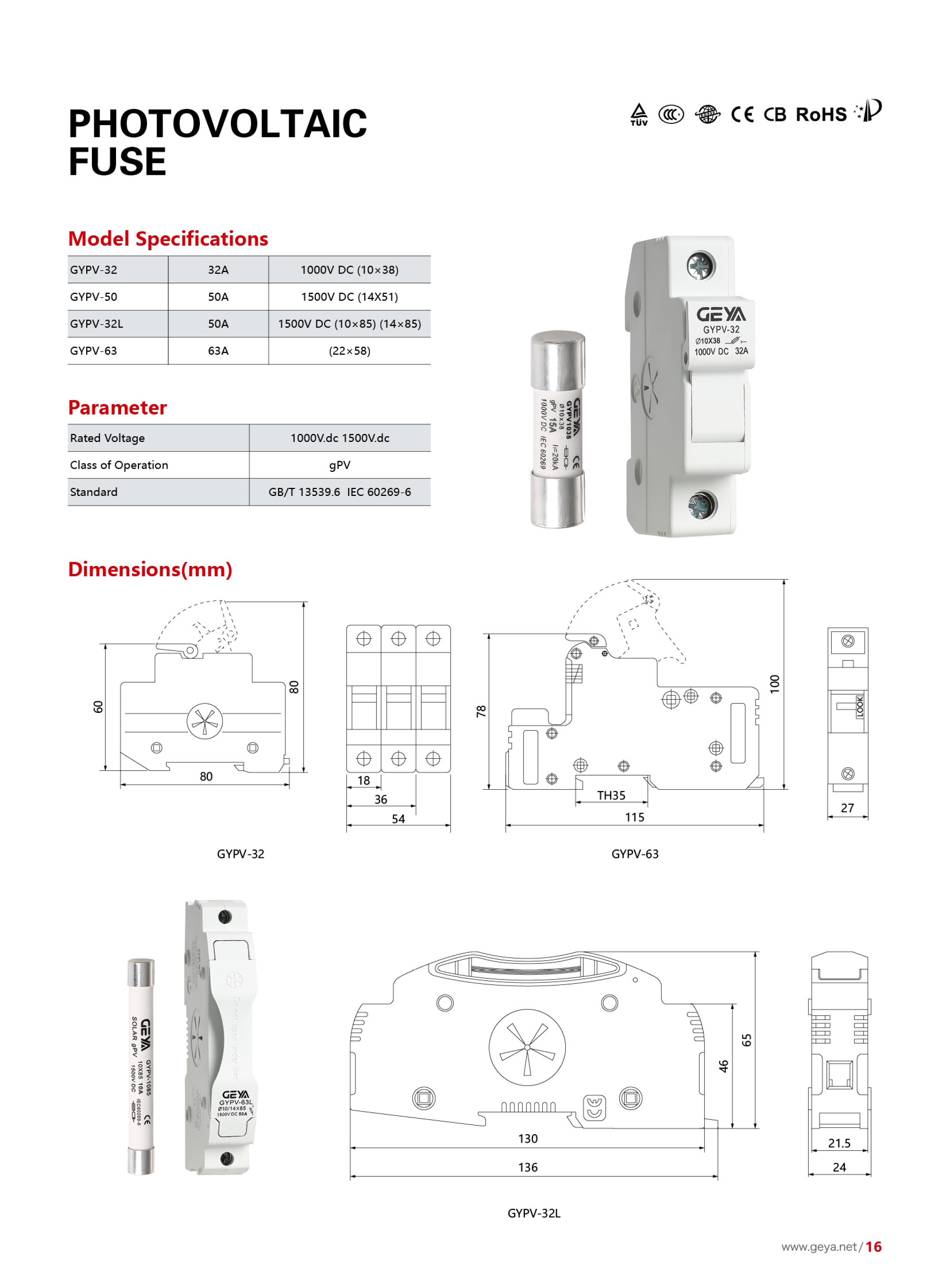 GEYA GYPV-1085 Fuse 1-32A 10x38 1000v Dc Solar System Pv Fuse Holder Dc 1000V 1500V