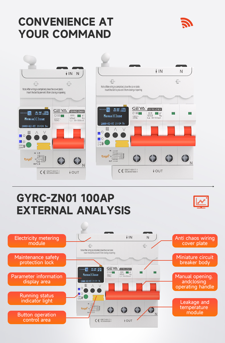 GEYA GYRC-ZN01-APE 2P/32A Water Inlet Alarm WiFi Circuit Breaker MCB PC Control Tuya Timer Remote Control Wireless Intelligent