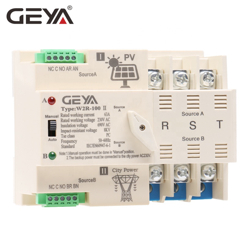 GEYA Din Rail Solar Automatic Power Transfer Switch for Solar Power 3P 63A AC220V MINI ATS PV System to City Power