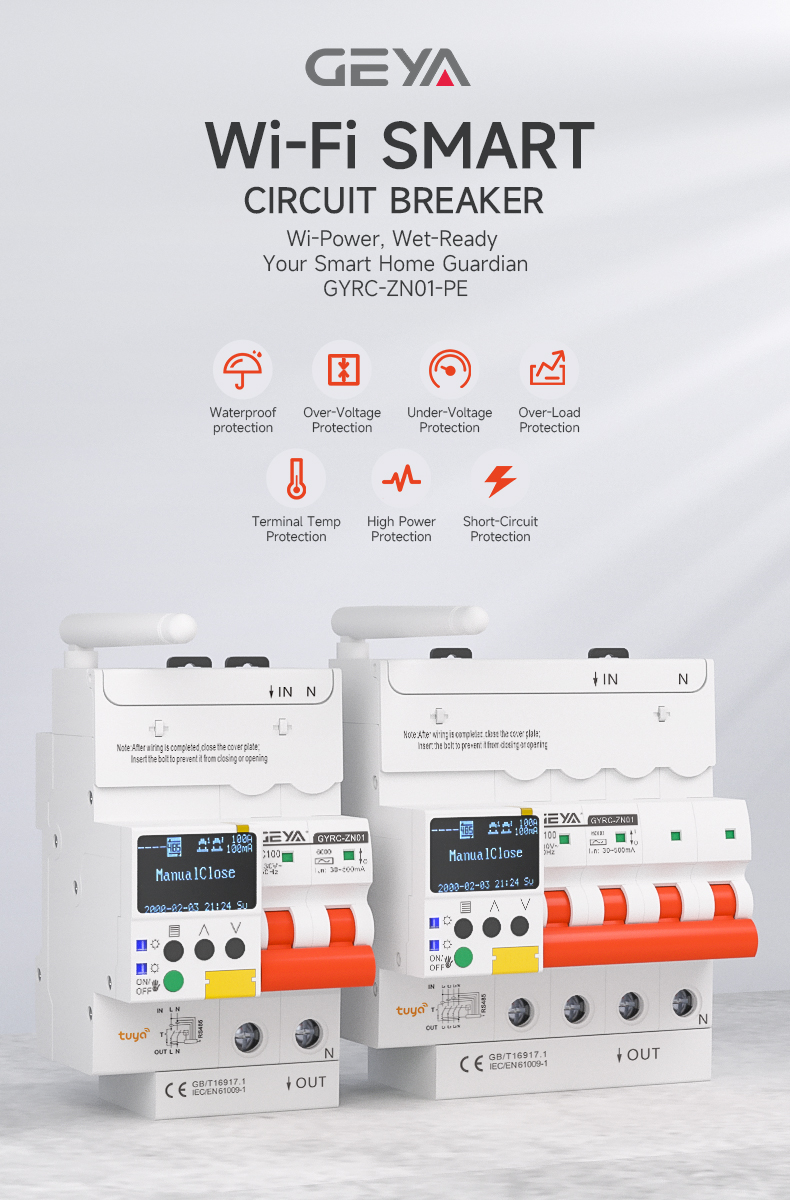 GEYA GYRC-ZN01-APE 2P/32A Water Inlet Alarm WiFi Circuit Breaker MCB PC Control Tuya Timer Remote Control Wireless Intelligent