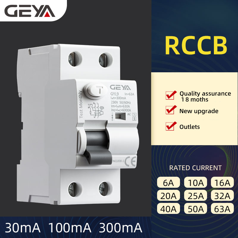 GEYA GYL9 ID RCCB 10KA Residual Circuit Device RCD Electronic 10mA30mA 100mA 300mA ELCB RCCB 80a Current Ratings  2P 16A 30mA