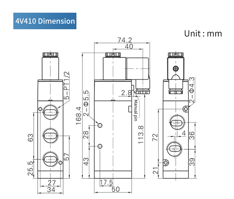 GEYA 4V410-15 PT1/2 DC 24V 12V 5 Way 2 Position Electric Pneumatic Control air Solenoid Valve