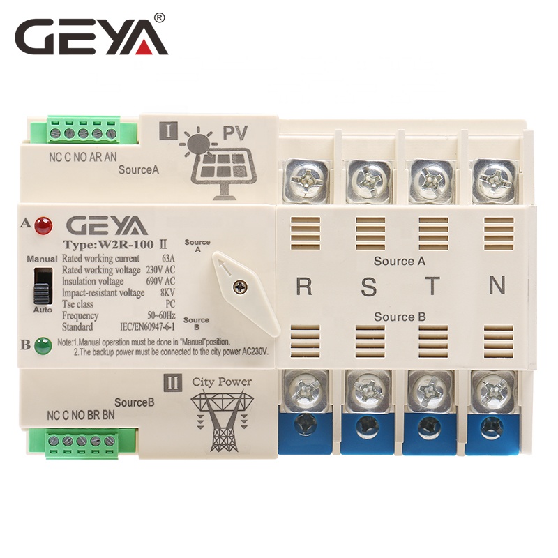 GEYA Grid PV System Power Transfer to City Power Dual Power Automatic Transfer Electrical Selector Switches Din Rail 4P 63A  ATS