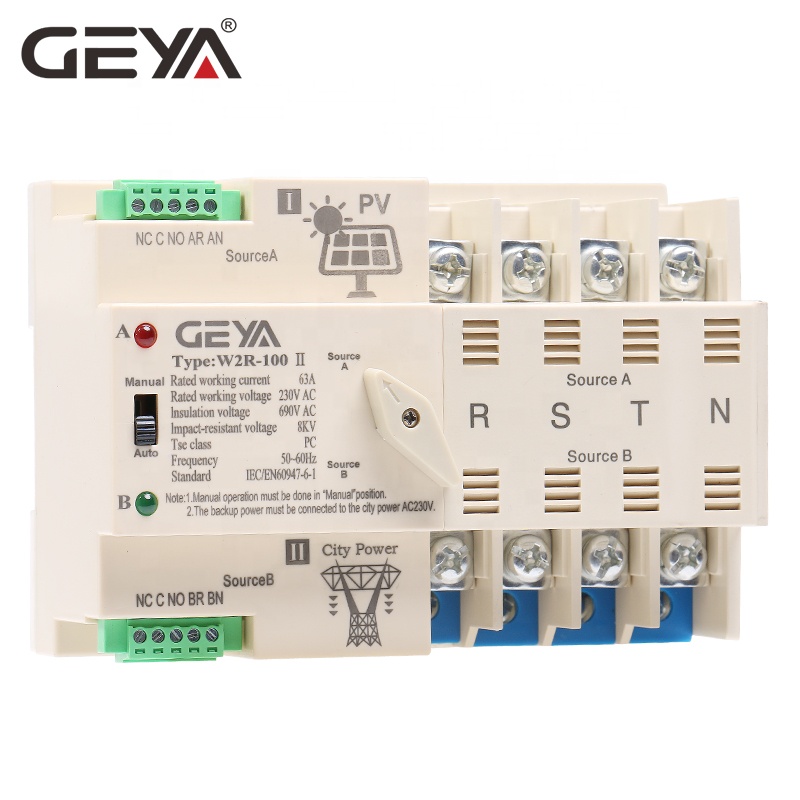 GEYA Grid PV System Power Transfer to City Power Dual Power Automatic Transfer Electrical Selector Switches Din Rail 4P 63A  ATS